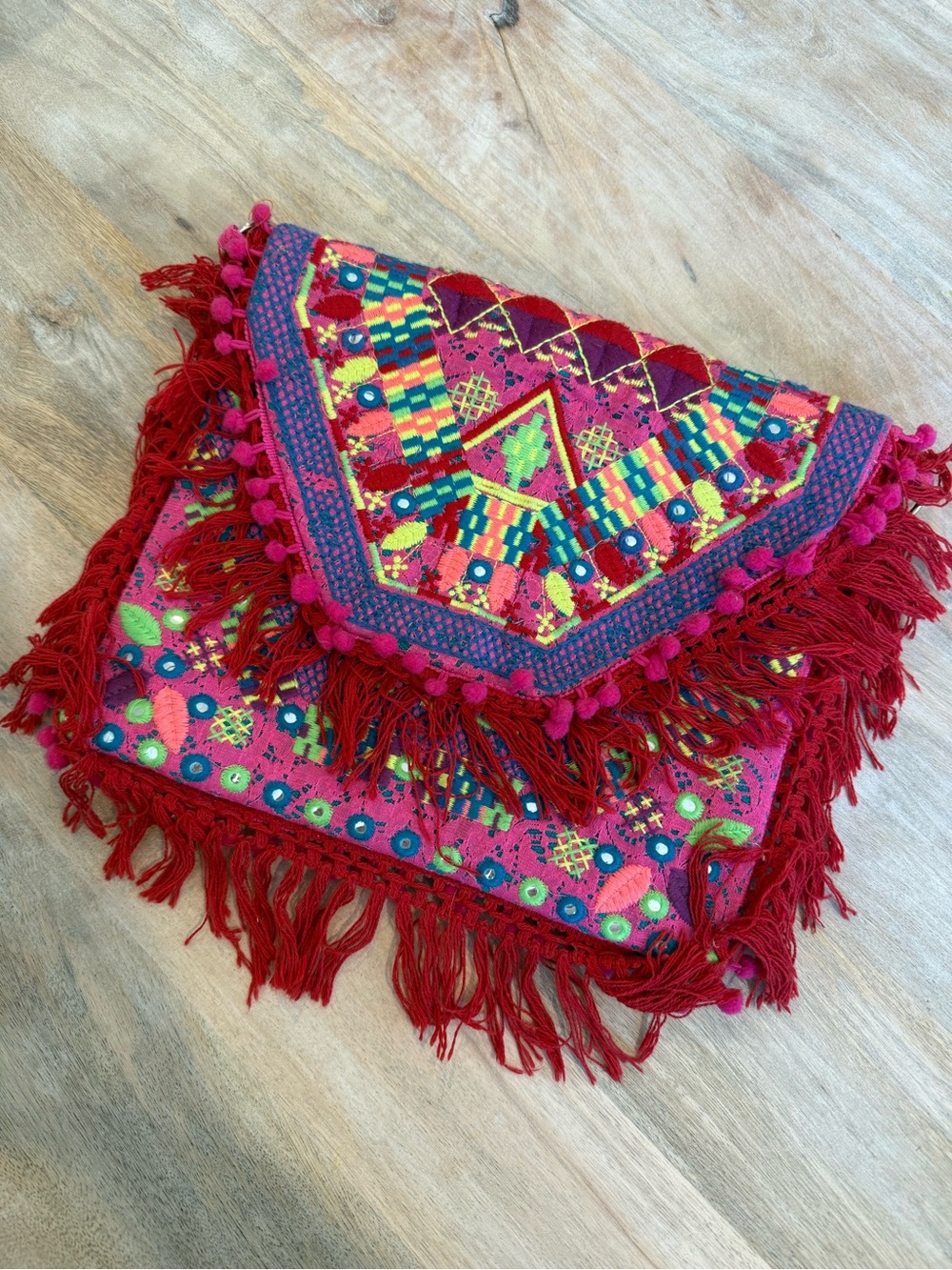 Embroidered Fringe Clutch Bag - Red Pink Multicolor